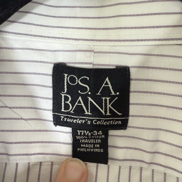 Jos A Banks Traveler's Shirt Mens 17.5 34 White Purple Striped Button Up Long Sl - Picture 6 of 11